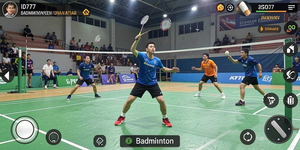 Screenshot ID777 menampilkan antarmuka permainan Badminton yang interaktif dan menarik.