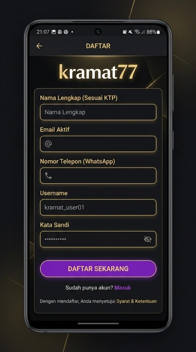 Tampilan halaman daftar kramat77